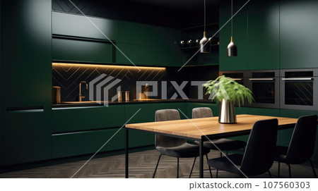 The dark green, black, forest interior of the kitchen, the design is modern for ideas and inspiration 107560303