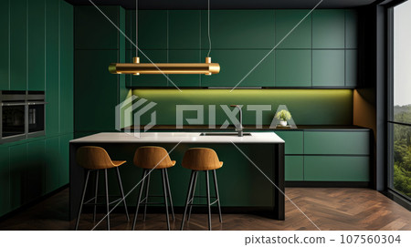The dark green, forest interior of the kitchen, the design is modern for ideas and inspiration Bar 107560304