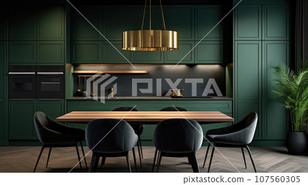 The dark green, forest interior of the kitchen, the design is modern for ideas and inspiration Golden 107560305