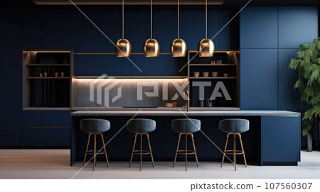 The Dark Blue gold interior of the kitchen, the design is modern for ideas and inspiration. 107560307