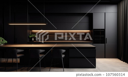 The Wooden Black interior of the kitchen, the design is modern for ideas and inspiration. The Wooden Black interior of the kitchen, the design is modern for ideas and inspiration. 107560314