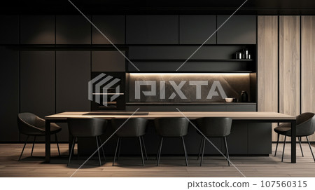 The Black interior of the kitchen, the design is modern for ideas and inspiration Chairs 107560315