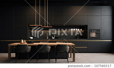 The Black interior of the kitchen, the design is modern for ideas and inspiration. 107560317