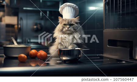 Kitchen cat in chef's hat creating culinary magic Kitchen cat in chef's hat creating culinary magic 107560447