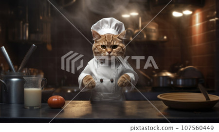 Cute feline chef preparing a gourmet meal. 107560449