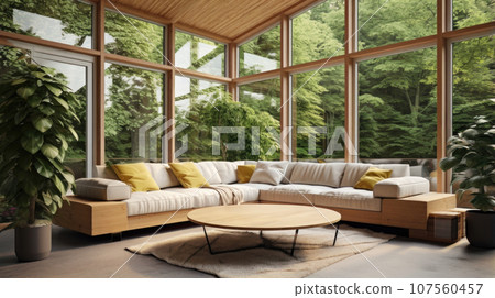 Inviting sunroom interior with cozy furnishings and garden views. 107560457