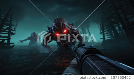 Player's perspective in a high-stakes battle against terrifying creatures. 107560492