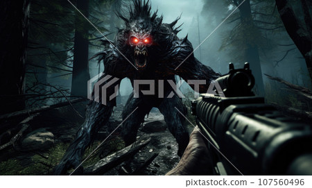 Player's view in a thrilling computer game, taking down monsters. 107560496