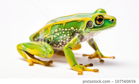 plastic Green frog toy on a white background, cut 107560656