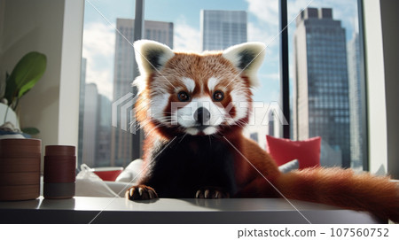 Cute red panda in apartment. Cute red panda in apartment. 107560752