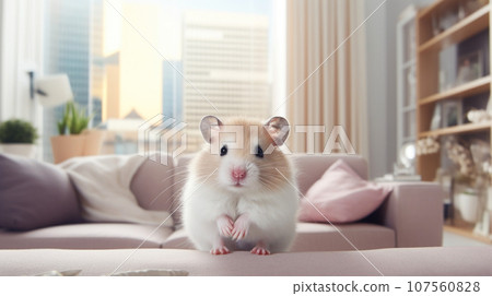 An adorable hamster enjoys comfort and companionship in a contemporary apartment. 107560828