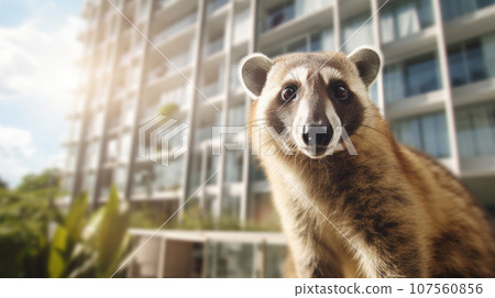 Coati against the backdrop of a modern house. Coati against the backdrop of a modern house. 107560856