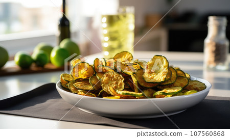 Crispy and delicious zucchini chips, a wholesome snack. Crispy and delicious zucchini chips, a wholesome snack. 107560868