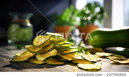 Homemade zucchini chips, a delightful crispy treat. Homemade zucchini chips, a delightful crispy treat. 107560869