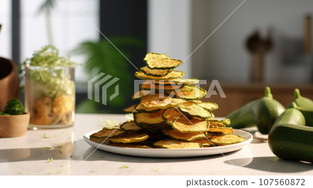 Crispy zucchini chips, a delicious and healthy snack option. Crispy zucchini chips, a delicious and healthy snack option. 107560872