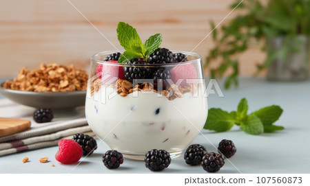 A delightful morning treat: granola, yogurt, and a burst of berries. A delightful morning treat: granola, yogurt, and a burst of berries. 107560873