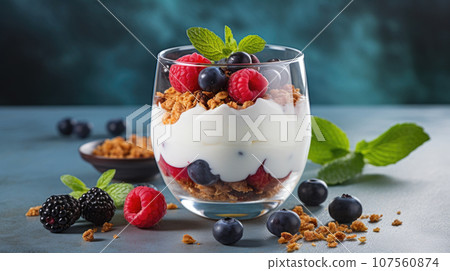 A healthy and colorful start to the day with granola, yogurt, and berries. A healthy and colorful start to the day with granola, yogurt, and berries. 107560874
