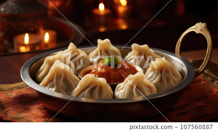 Savor the aroma of hot khinkali on a plate. 107560887