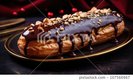 Eclair with chocolate sauce and nuts. 107560987