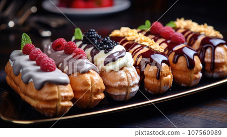 A set of eclairs with different decorations, sauces and fruits A set of eclairs with different decorations, sauces and fruits 107560989