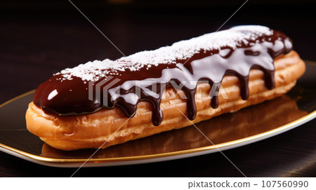 Decadent eclair drizzled with rich chocolate sauce on a plate. Decadent eclair drizzled with rich chocolate sauce on a plate. 107560990