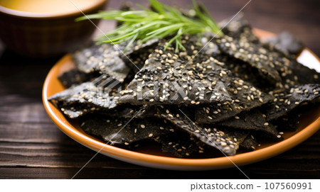Crispy and savory nori chips, a delicious and healthy snack. 107560991