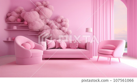 Modern and inviting living room arrangement. pink in the style of Barbie 107561066