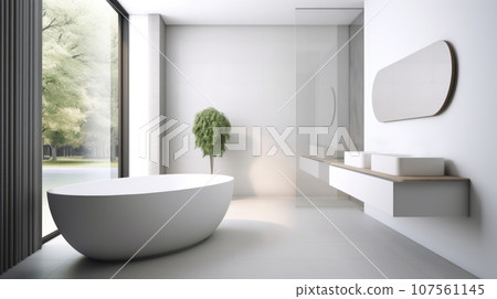 white minimalist stylish bathroom with space for text. plant white minimalist stylish bathroom with space for text. plant 107561145