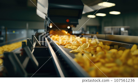 Factory workers producing crispy potato chips. Factory workers producing crispy potato chips. 107561236