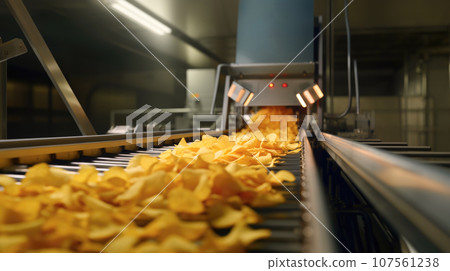 Inside the machinery of a potato chip factory. Inside the machinery of a potato chip factory. 107561238