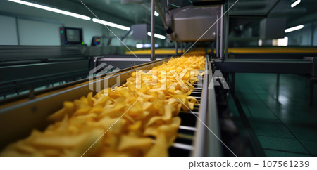 The art of making delicious potato chips in a factory. 107561239
