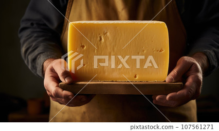 Handsome cheesemaker displays his artisanal cheese with a touch of elegance. cheese in hands 107561271