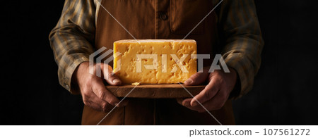 Cheese connoisseur proudly presents a wheel of his meticulously crafted cheese. cheese in hands 107561272