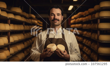 Portrait of a dedicated cheesemaker, confidently presenting his cheese masterpiece in a charming dairy setting. 107561295