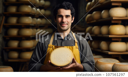Expert cheese artisan holds his finest creation amidst neatly arranged cheese shelves in the background. 107561297