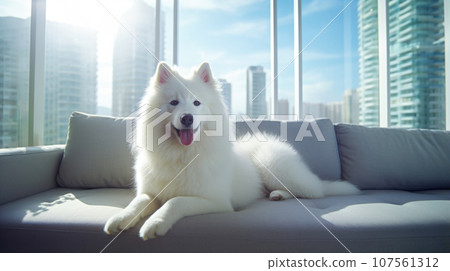 Samoyed in a cozy, stylish apartment. Samoyed in a cozy, stylish apartment. 107561312