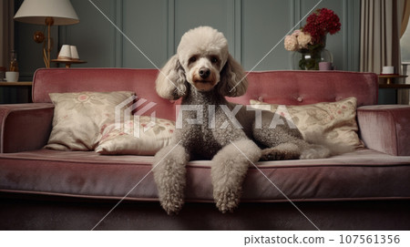 Domestic bliss: a poodle in a modern apartment, the epitome of urban canine living. Domestic bliss: a poodle in a modern apartment, the epitome of urban canine living. 107561356