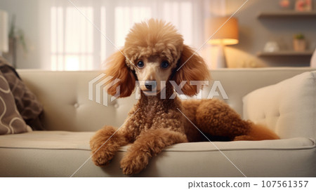 Contemporary pet care at home, featuring an adorable poodle in a cozy corner. Contemporary pet care at home, featuring an adorable poodle in a cozy corner. 107561357
