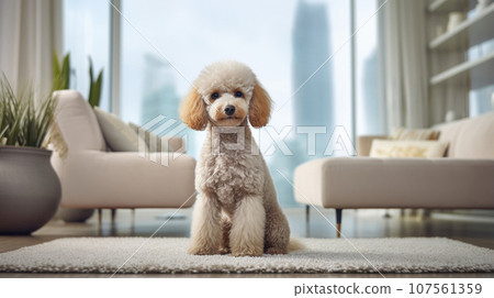 Relaxing with a poodle in a stylish living space, the ultimate dog lover's dream. Relaxing with a poodle in a stylish living space, the ultimate dog lover's dream. 107561359