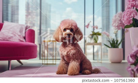 A pampered poodle in a chic apartment, epitomizing modern pet ownership. 107561360