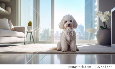 Stylish poodle thrives in a contemporary apartment, a furry friend for a modern lifestyle. 107561362