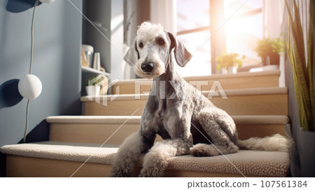 Home comfort and interior decor meet with a Bedlington Terrier, happy pet in a stylish apartment. 107561384