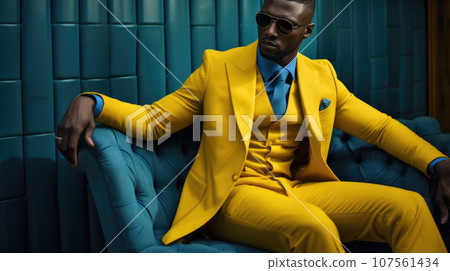 Stylishly dressed man stands in solidarity with Ukraine, sporting the national colors Stylishly dressed man stands in solidarity with Ukraine, sporting the national colors 107561434