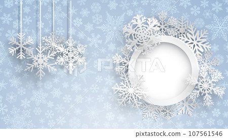 Christmas background with round frame and snowflakes Christmas background with round frame and snowflakes 107561546