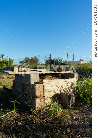 Vertical image of an organic composter built by hand with concrete blocks and old wood in a crop field. Vertical image of an organic composter built by hand with concrete blocks and old wood in a crop field. 107561739