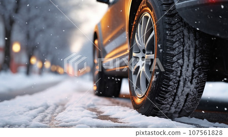 snowy road and car tires snowy road and car tires 107561828