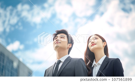 Male and female businessmen looking up at the blue sky Male and female businessmen looking up at the blue sky 107561899