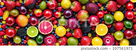 Assortment of different fruits and berries, flat lay, top view, apple, strawberry, pomegranate, mango, avocado, orange, lemon, kiwi, peach isolated on white background, AI 107561971