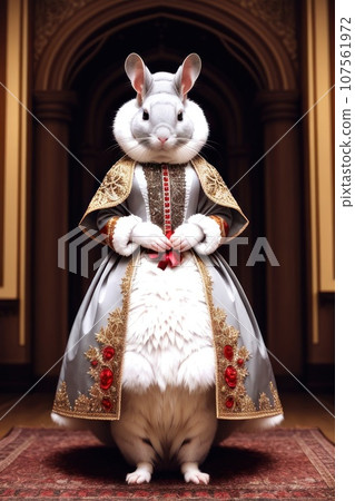 Front view of mouse wearing suit and standing in proud pose. Dapper, elegant anthropomorphic animal portrait with human body. Cartoon 3d style animation character, anime style, AI 107561972