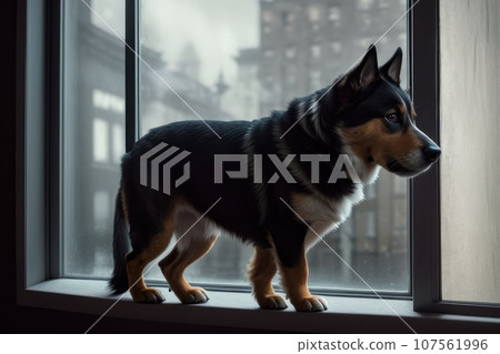 Bored dog with head on window sill while looking at the rain outside. Side view of brown puppy dog resting or waiting with elevated head position. 1 year old female or male dog, AI 107561996